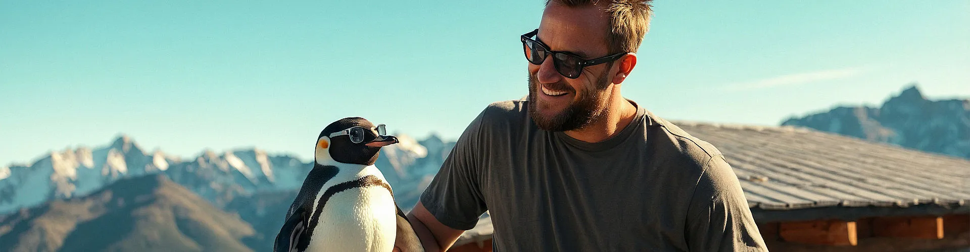 Ein Pinguin posiert auf einer Wärmepumpe vor einer malerischen Bergkulisse, während ein Mann mit Sonnenbrille ihn lachend an der Flosse hält.