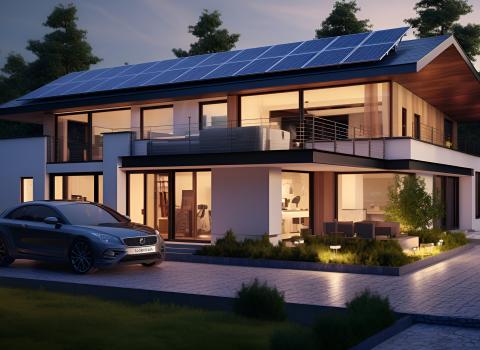 Pkw lädt an einer Wallbox vor einem beleuchteten Haus mit Solarstrom-Modulen.