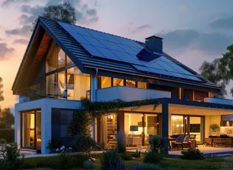 Beleuchtetes Einfamilienhaus in der Dämmerung mit Solar-Modulen.