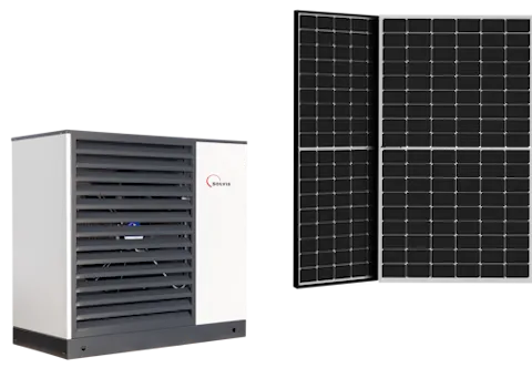 Wärmepumpe Solvis Mia und PV Modul tiger neo n-typ vor neutralem Hintergrund.