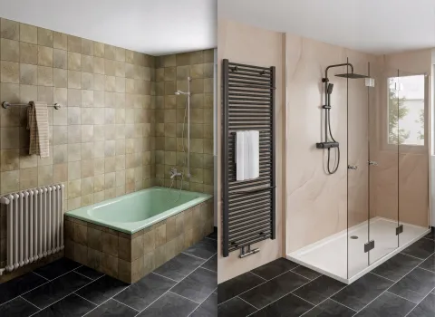 Fotorealistische Vorherher-Nachherplanung einer Duschsanierung, bei der die Wanne durch eine Dusche ersetzt wird. 