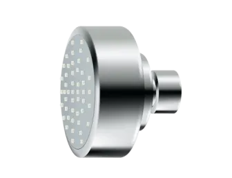 Eine verchromte, runde Seitenbrause mit vielen kleinen Düsen, die dicht aneinander angeordnet sind.