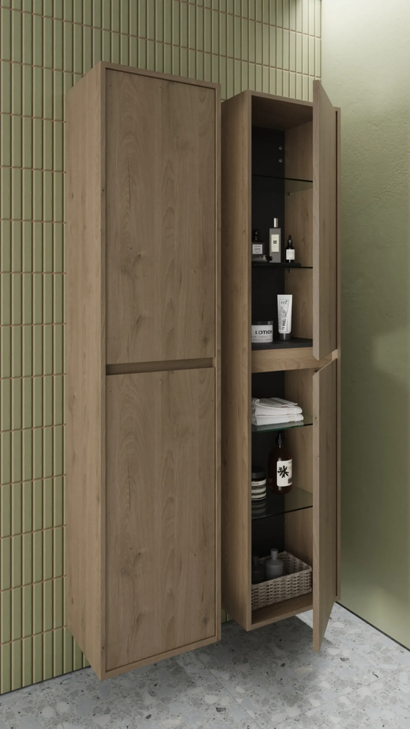 Badschrank aus der Kollektion Devio des Herstellers burgbad in der Farbe Eiche Dekor Caramel.