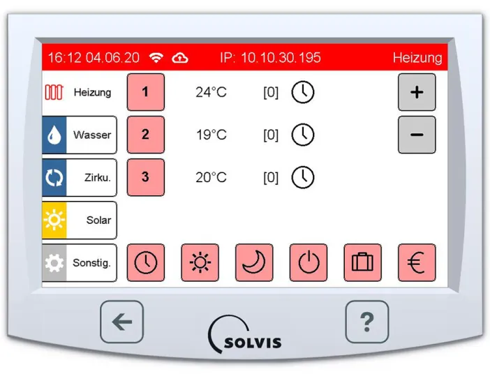 Bildschirmanzeige der Heizungssteuerung SolvisControl