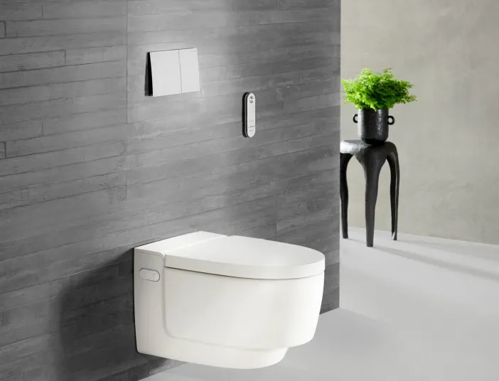 Ein minimalistisches Badezimmer zeigt eine moderne, wandhängende Toilette mit einer grauen, holzähnlichen Verkleidung an der Wand. 