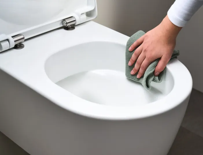Eine Hand wischt mit einem grünen Mikrofasertuch den inneren Rand eines geöffneten WC-Sitzes sauber. Die weißen Keramikflächen des modernen WCs wirken glatt und hygienisch.