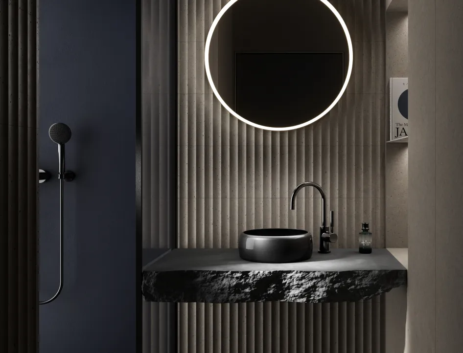 Waschbecken BetteCurve auf massiven Natursteinwaschtisch